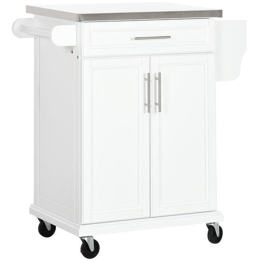 Wooden Freestanding Kitchen Island on Wheels, Serving Cart Storage Trolley with Stainless Steel Top, Drawer, Side Handle and Rack