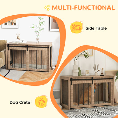 XL Dog Crate Furniture Side Table | Barn Door | Removable Washable Cushion | 3-Sided Ventilation | Extra Large Dogs up to 40kg | 118 x 60 x 73cm | Brown