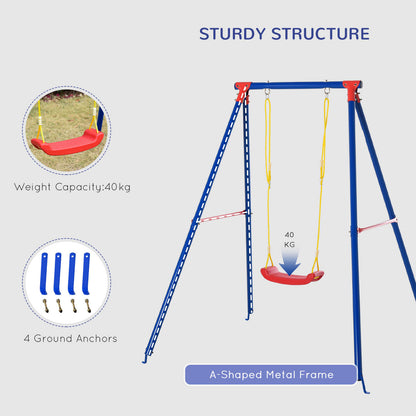 Outsunny Metal Swing Set with Seat Adjustable Rope Heavy Duty A-Frame Stand Backyard Outdoor Playset for Kids Fun 6-12 Years Old Blue