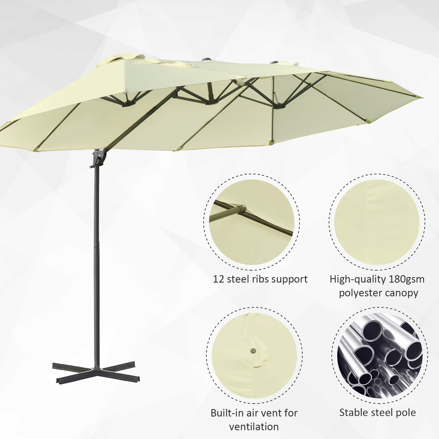 Outsunny Double Parasol Patio Umbrella Garden Sun Shade w/ Steel Pole 12 Support Ribs Crank Handle Easy Lift Twin Canopy - Beige