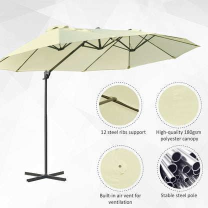 Outsunny Double Parasol Patio Umbrella Garden Sun Shade w/ Steel Pole 12 Support Ribs Crank Handle Easy Lift Twin Canopy - Beige