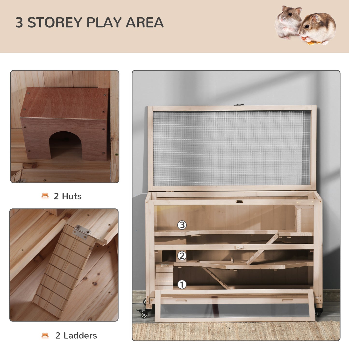 Wooden Hamster Cage, Mice Rodent Small Animals Kit Hutch, 3 Tiers Exercise Play House W/ Wheels, Bottom Tray, 99 x 50 x 69 cm, Natural Wood