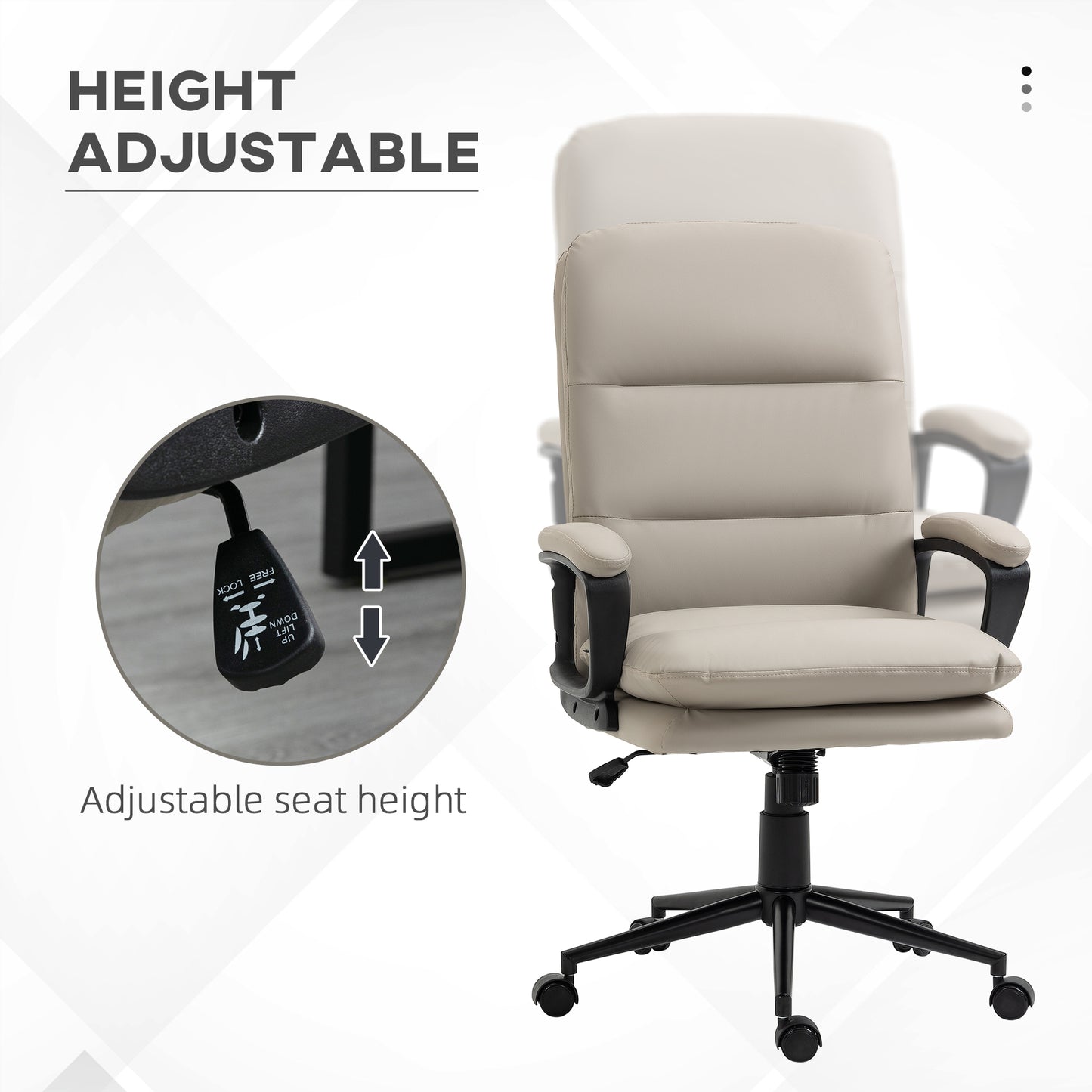 High Back PU Leather Office Chair | Double-Tier Padded Seat | Armrests | 360° Swivel | 5 Wheels | Height Adjustable 108-118cm | 51x43cm Seat | 120kg | Light Grey