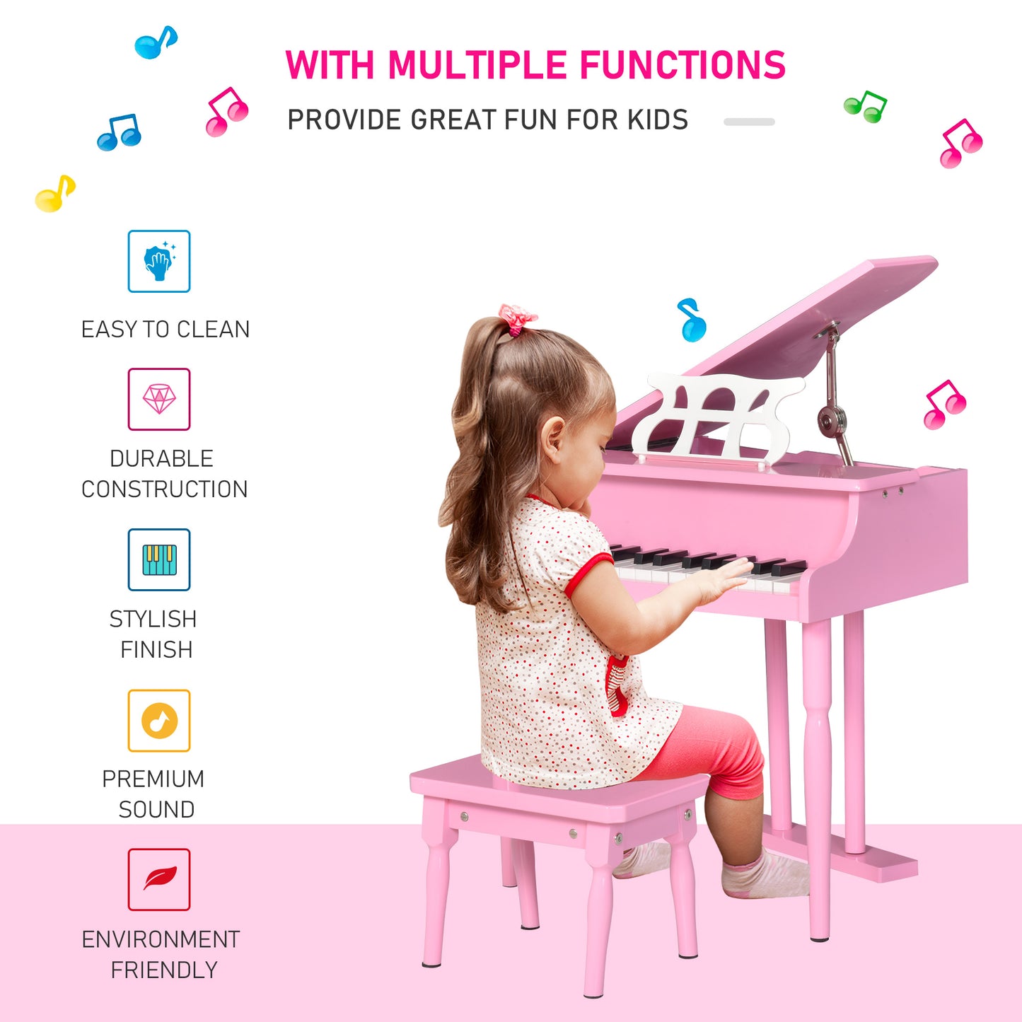 Modern Kids Piano 30 Keys Set of 2 Mini Toy for Child Grand Piano with Music Stand and Bench, Best Gifts Pink
