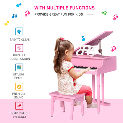 Modern Kids Piano 30 Keys Set of 2 Mini Toy for Child Grand Piano with Music Stand and Bench, Best Gifts Pink