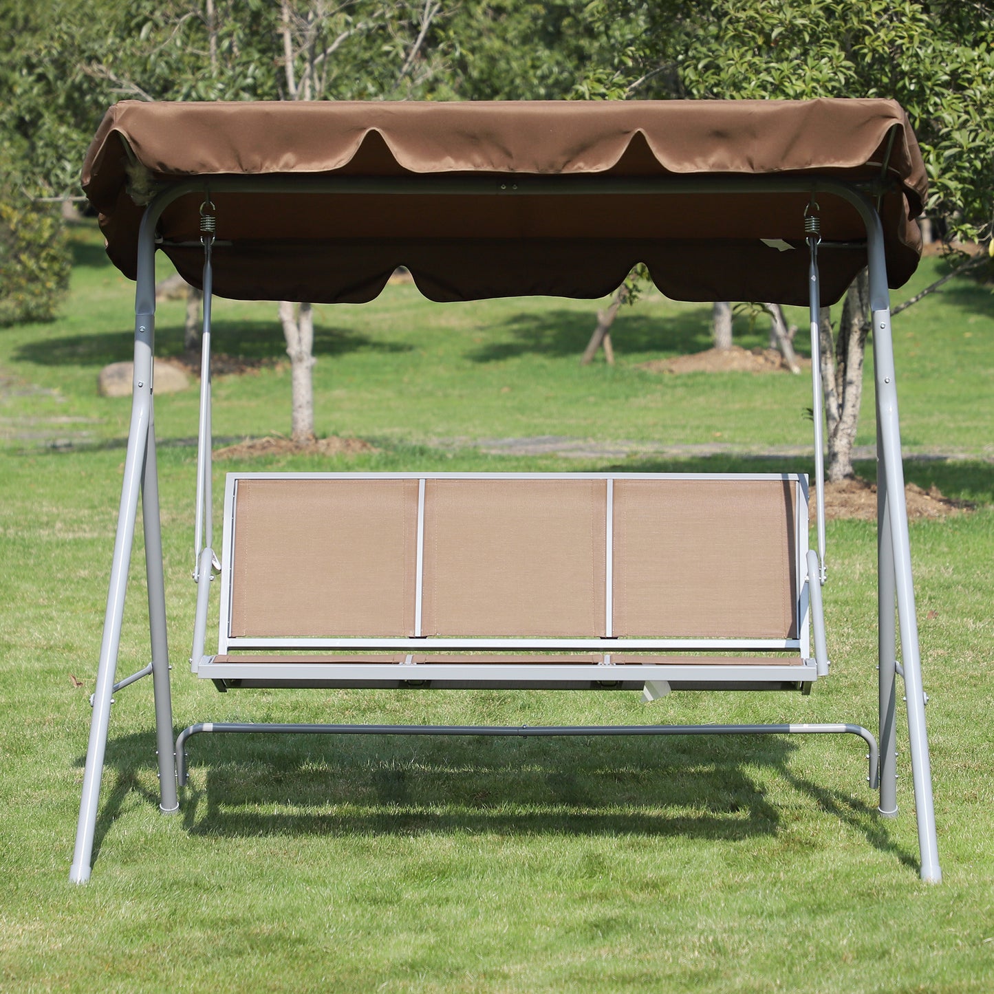Outsunny Metal Swing Chair Garden Hammock Bench 3 Seater Rock Shelter Brown