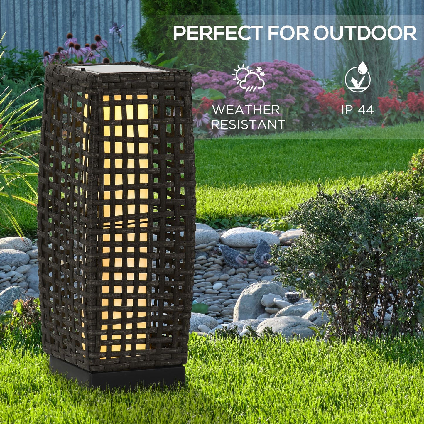 Outsunny Outdoor Rattan Solar Lantern, Brushed PE Wicker Patio Garden Lantern With Auto On/Off Solar Powered LED Lights for Indoor & Outdoor Use Grey