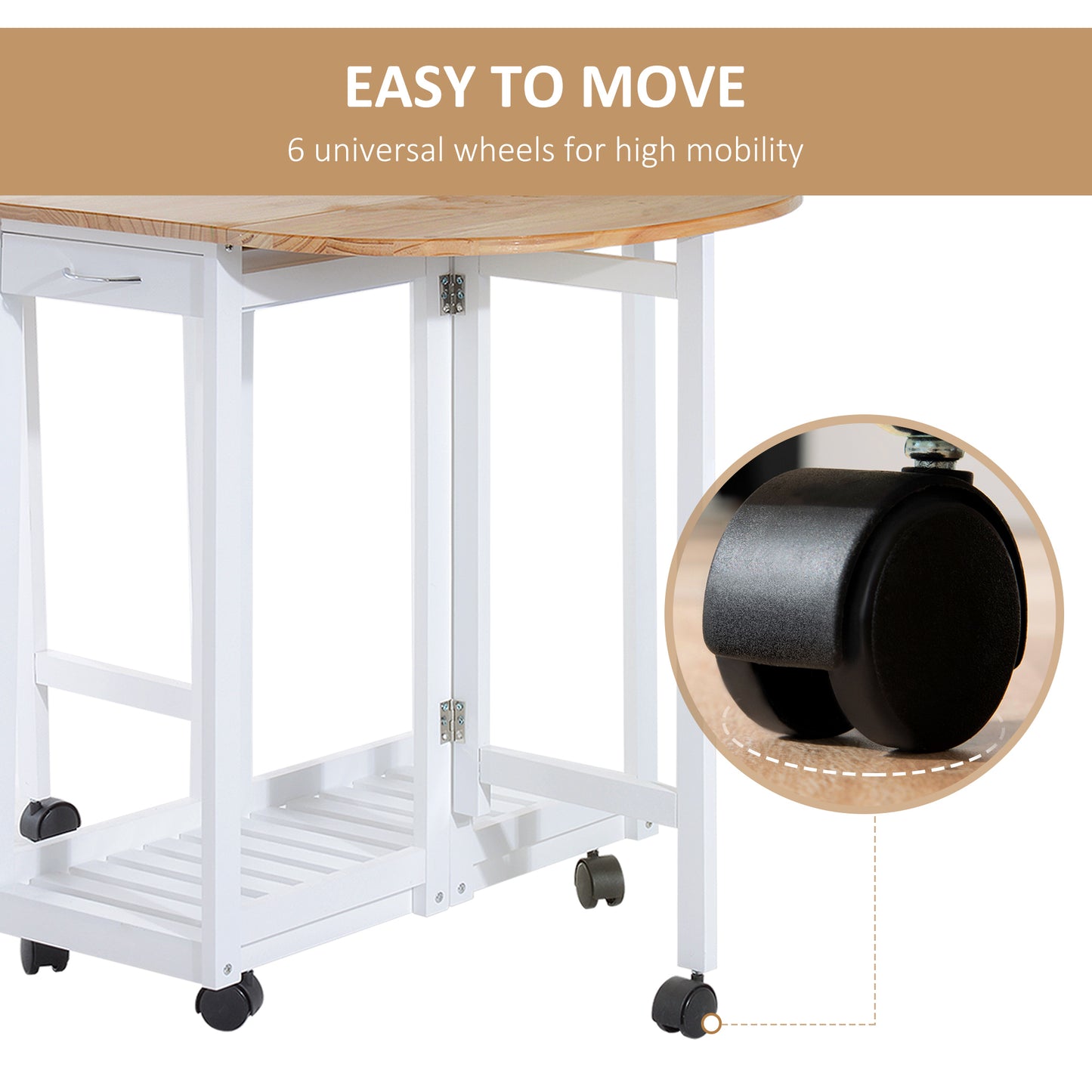 3 Piece Wooden Kitchen Cart Mobile Rolling Trolley Folding Bar Table Two Stools Dining Chair Storage Shelf w/2 Drawers & 6 Wheels