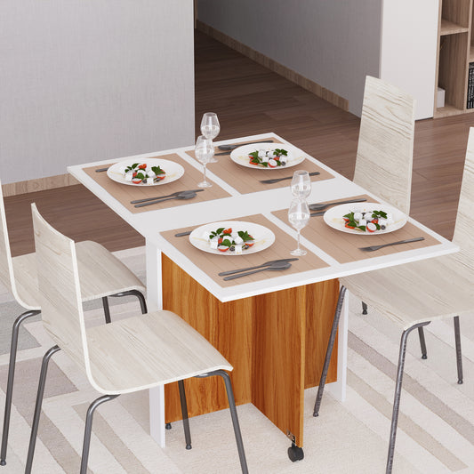 Retro Style Folding Dining Table Writing Desk Workstation w/ Casters Teak Colour, White