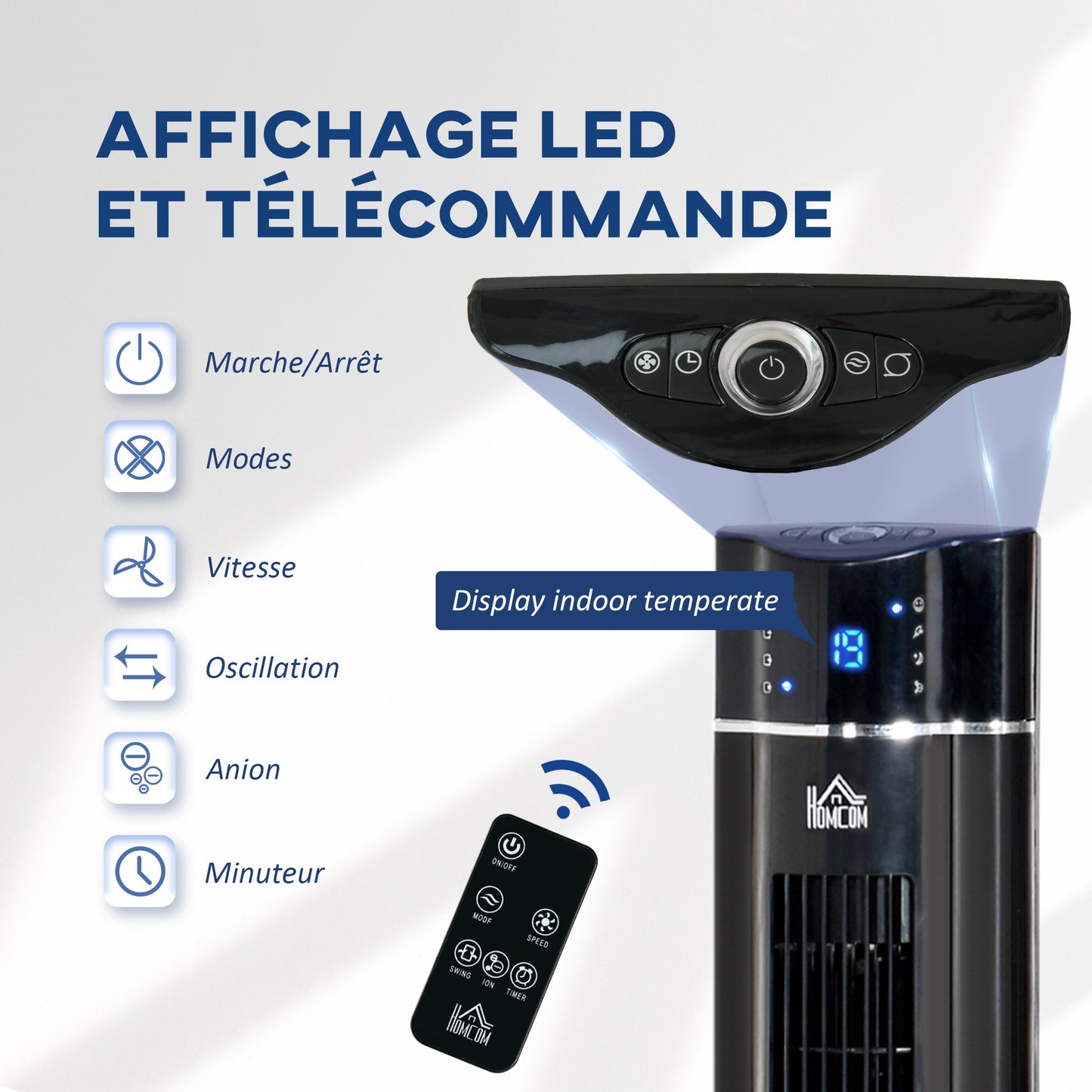 42" Anion Tower Fan Cooling for Bedroom with 3 Speed, 8h Timer, Oscillating, LED Panel, Remote Controller, Black