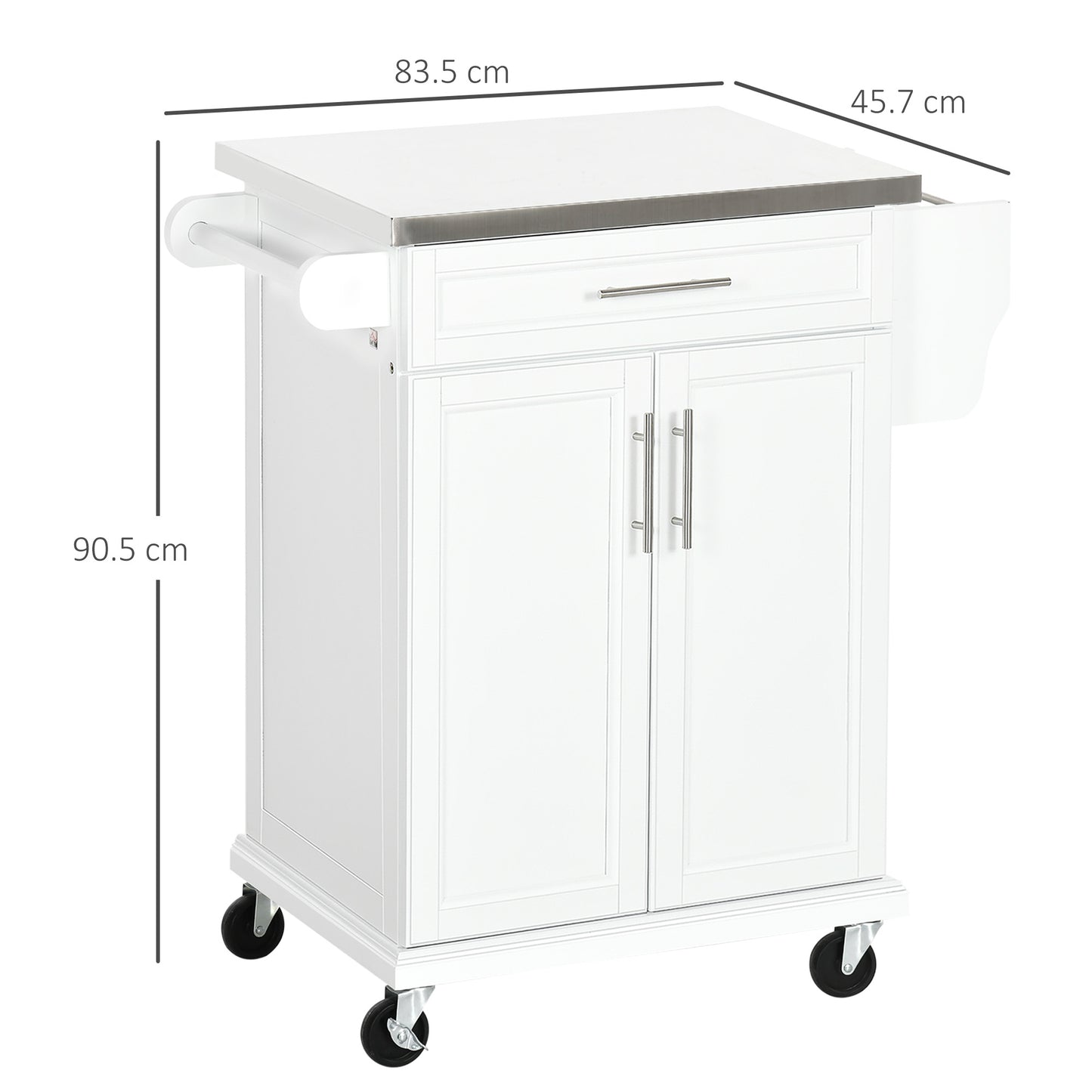 Wooden Freestanding Kitchen Island on Wheels, Serving Cart Storage Trolley with Stainless Steel Top, Drawer, Side Handle and Rack