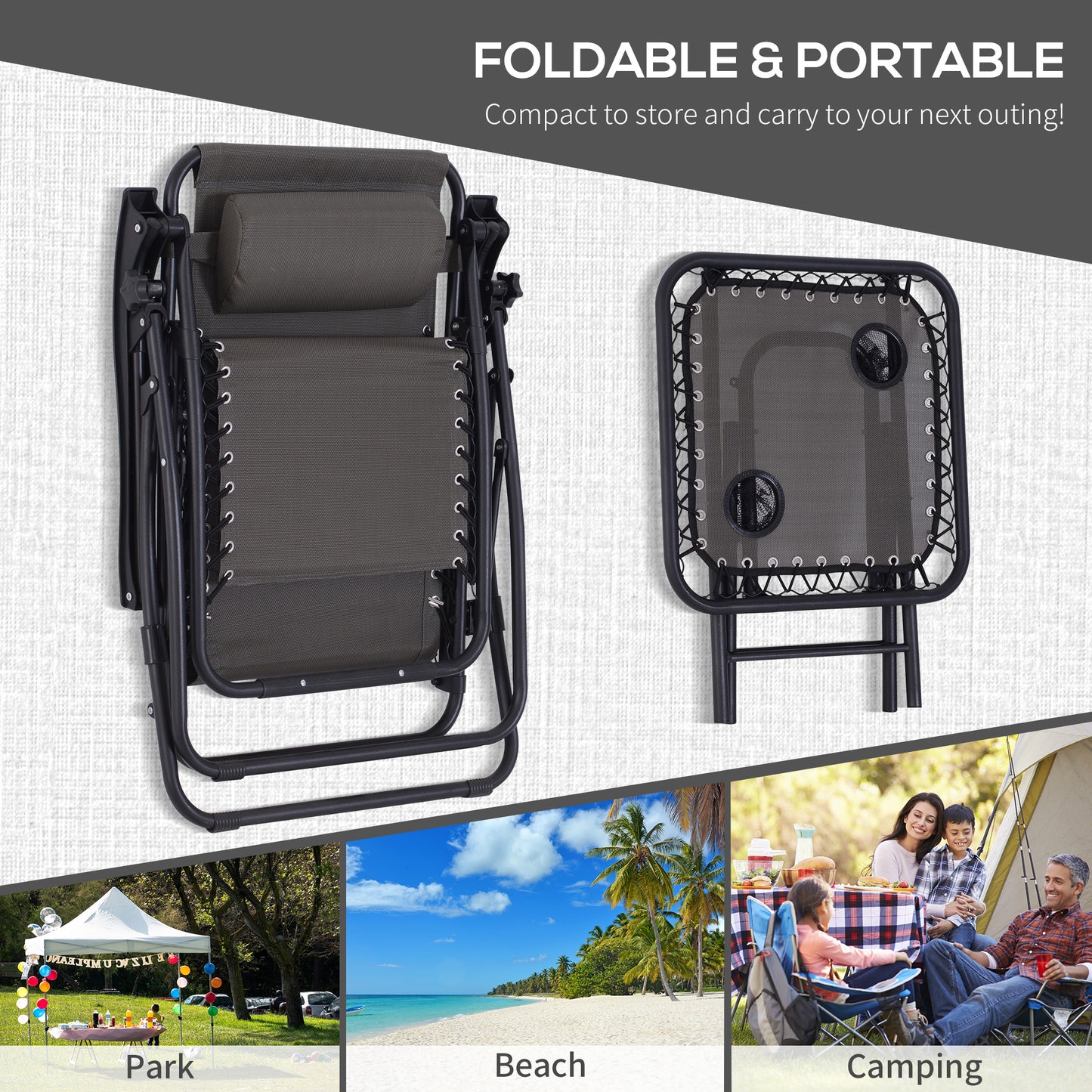 Outsunny 3 Piece Folding Zero Gravity Chairs Sun Lounger Table Set w/ Cup Holders Reclining Garden Yard Pool, Dark Grey