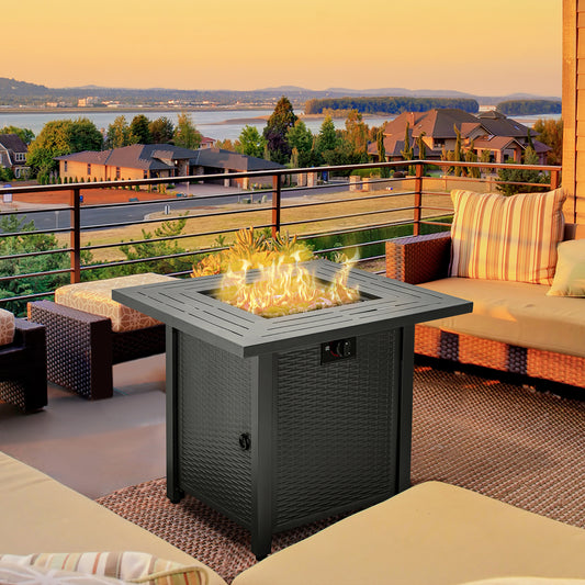 Outsunny Square Propane Gas Fire Pit Table, 40000 BTU Rattan Smokeless Firepit Patio Heater w/ Protective Cover, Lava Rocks and Lid, 71x71x62cm, Black