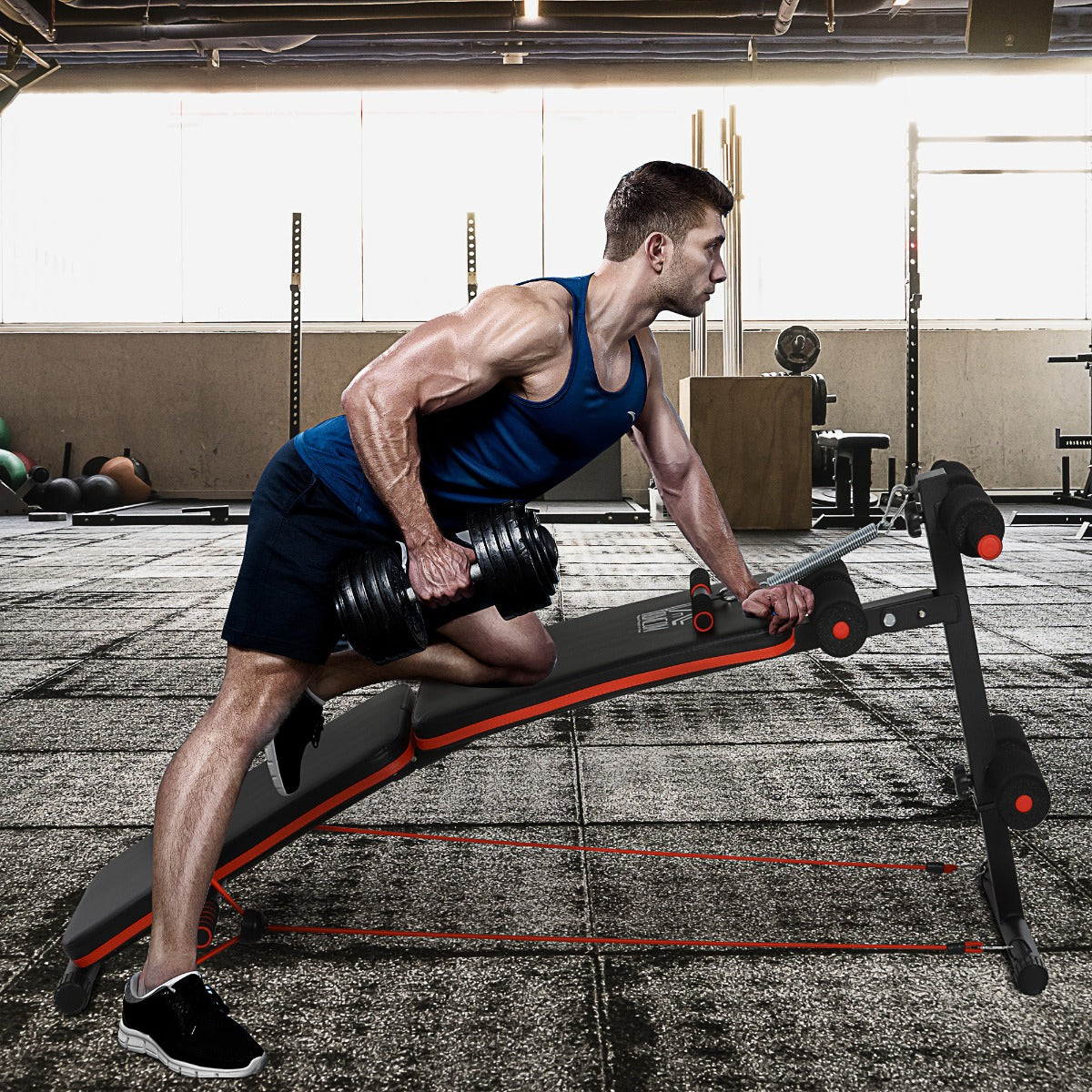 Sit Up Bench Core Workout Adjustable Thigh Support Foldable for Home Gym w/ Arm Pulling Rope Black