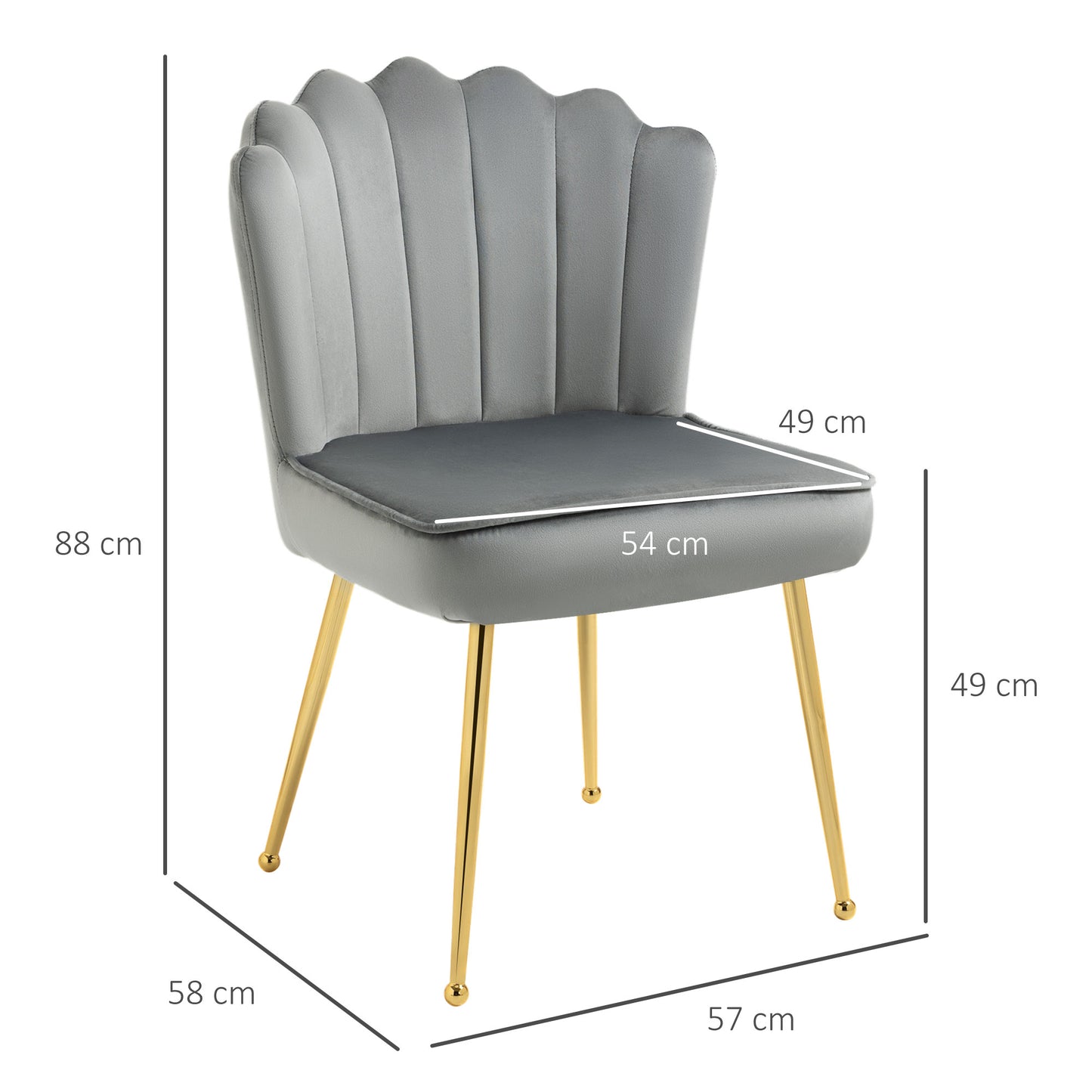 Retro Style Velvet-Feel Shell Luxe Accent Chair, Glam Vanity Chair Makeup Seat, Home Bedroom Lounge with Metal Legs Comfort Padding, Grey
