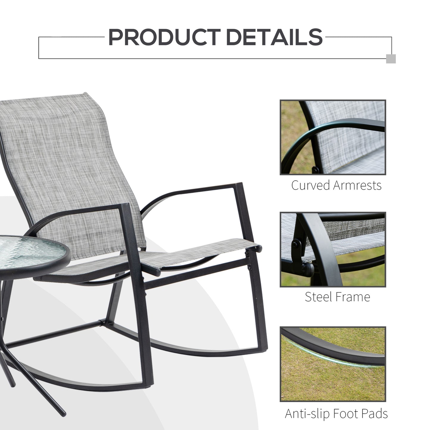Outsunny 3 Piece Outdoor Patio Bistro Set w/ 2 Rocking Chairs and Tempered Glass Table for Garden, Porch, Poolside, Grey
