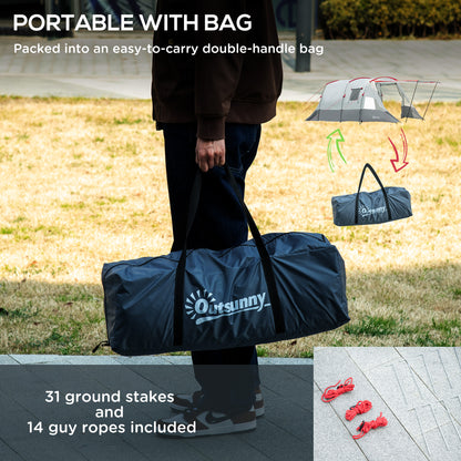 Outsunny 6-8 Person Tunnel Tent, Camping Tent with Bedroom, Living Room, Sewn-in Floor, 3 Doors and Carry Bag, 2000mm Water Column for Fishing, Grey