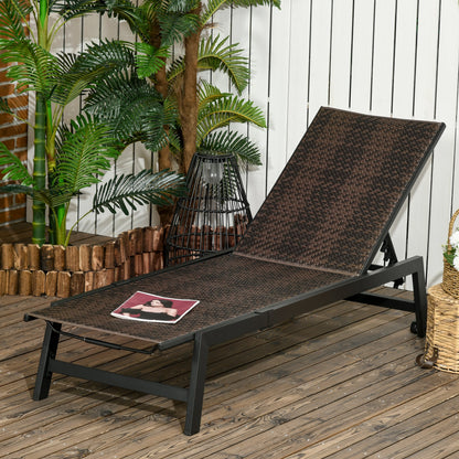 Outsunny Outdoor PE Rattan Sun Lounger, Patio Wicker Chaise Lounge Chair with 5-Position Backrest, Wheels for Sun Room, Garden, Poolside, Brown