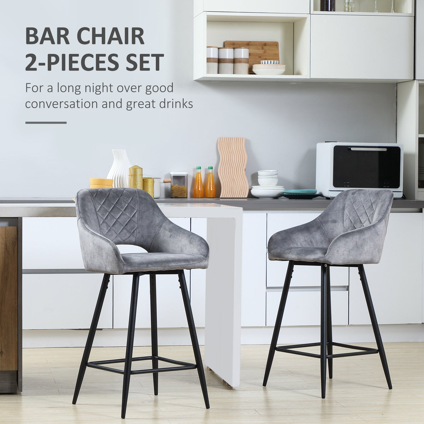Retro Style Set of 2 Bar stools With Backs, Velvet-Touch Fabric Counter Height Bar Chairs, Kitchen Stools with Steel Legs for Dining Area, Grey