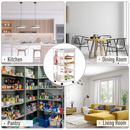 Multi-Use Kitchen Island Trolley w/ 4 Baskets 2 Side Racks Drawer Worktop 4 Wheels Worktop Food Storage Smooth Rolling Compact Furniture White