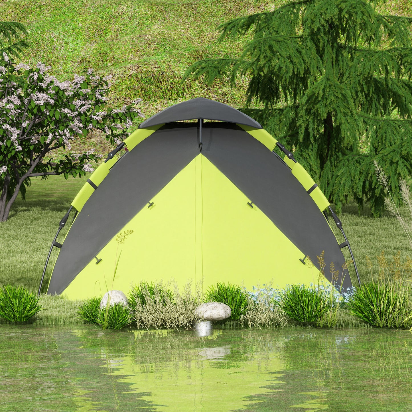 Outsunny 3-4 Man Camping Tent, Family Tent, 2000mm Waterproof, Portable with Bag, Quick Setup, Green