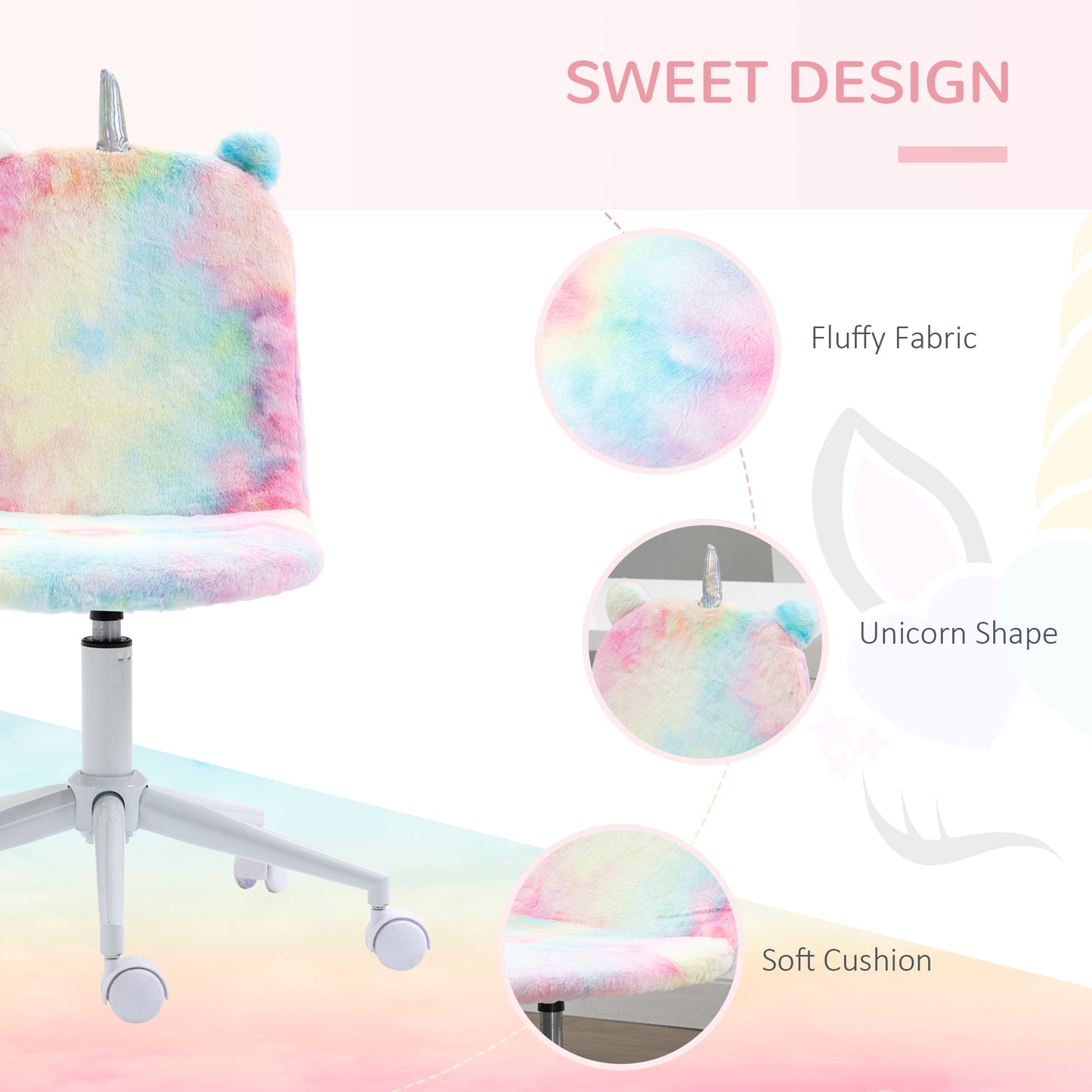Fluffy Unicorn Office Chair | Armless Mid Back | Swivel | Sponge Padded Velvet | Adjustable Height 88-98cm | 5 Wheels | 120kg | Rainbow Multi-Colour