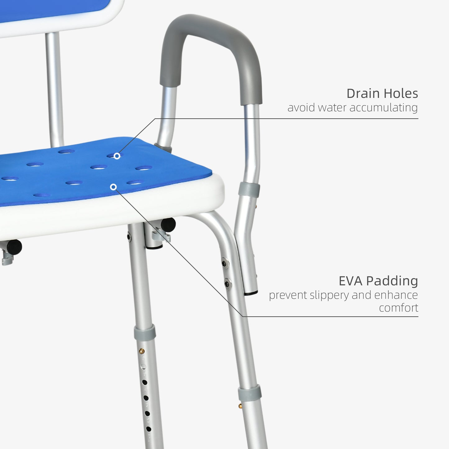 Bathroom Shower Stool Seat EVA Padded, Height Adjustable With Back and Arms, 4 Suction Foot Pads, Blue