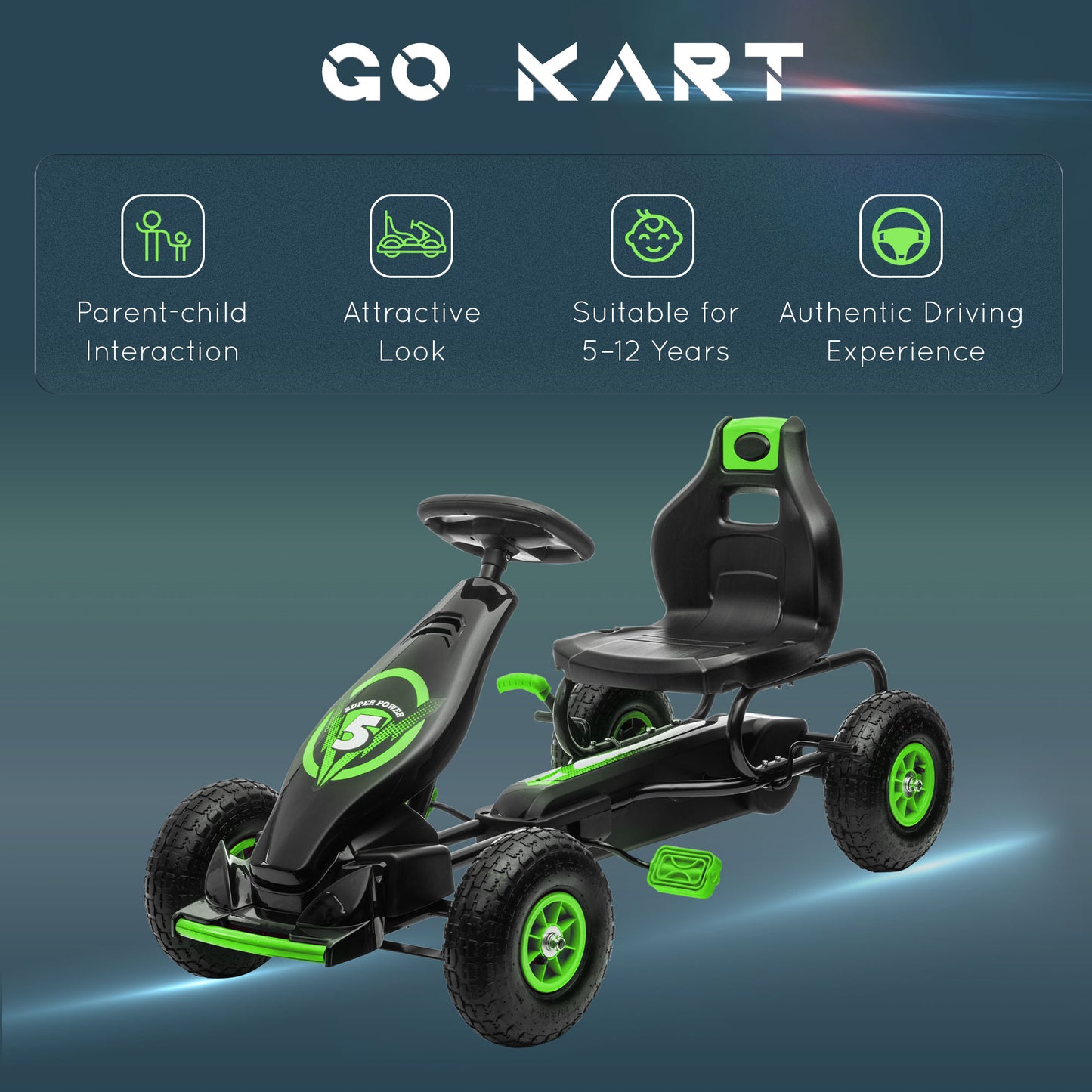 Children's Pedal Go Kart, Racing Go Cart with Adjustable Seat, Inflatable Tyre's, Shock Absorb, Handbrake, for Boys and Girls Ages 5-12, Green