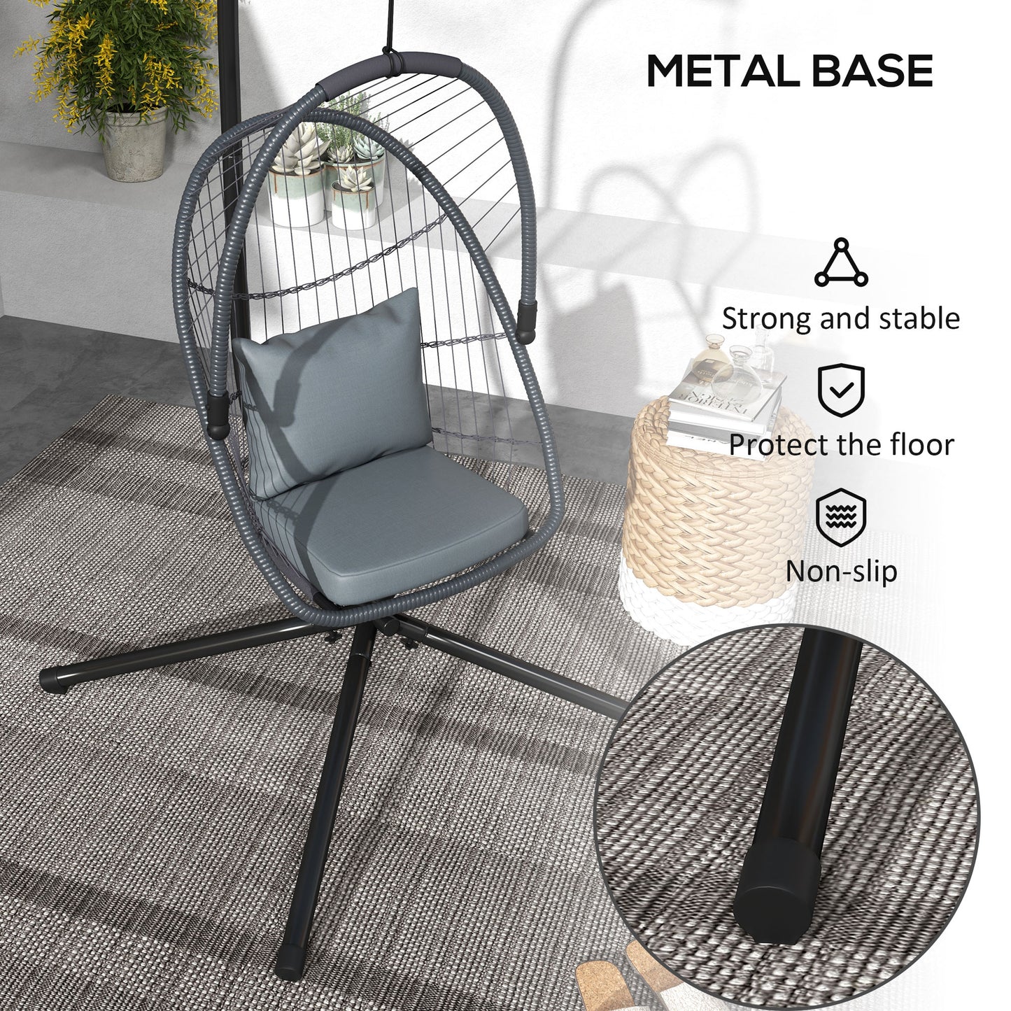 Outdoor PE Rattan Patio Hanging Swing Chair With Cushion, Foldable Basket With Metal Stand, 360° Rotation Spring Hook - Grey