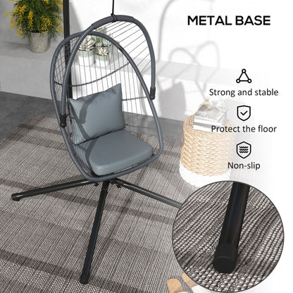 Outdoor PE Rattan Patio Hanging Swing Chair With Cushion, Foldable Basket With Metal Stand, 360° Rotation Spring Hook - Grey