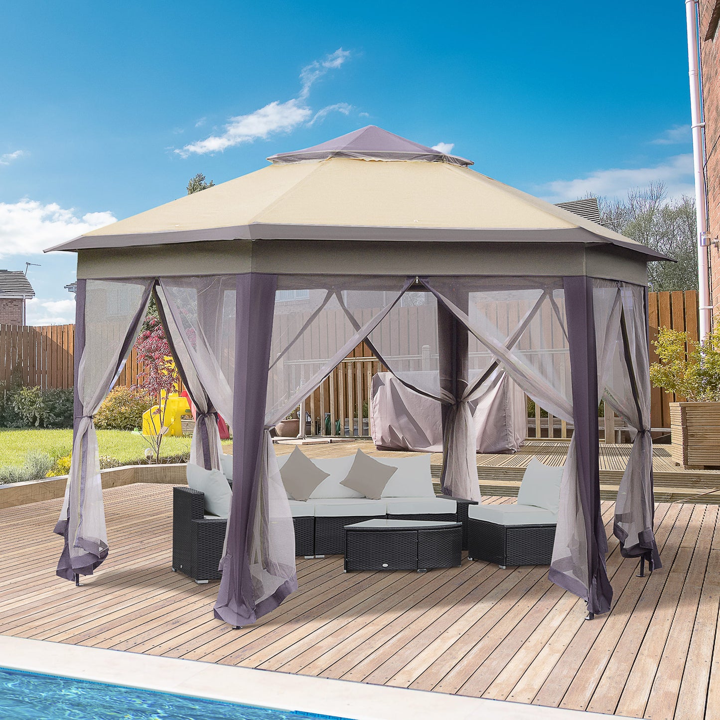 Outsunny Hexagon Patio Gazebo Pop Up Gazebo Outdoor Double Roof Instant Shelter with Netting, 4m x 4m, Beige