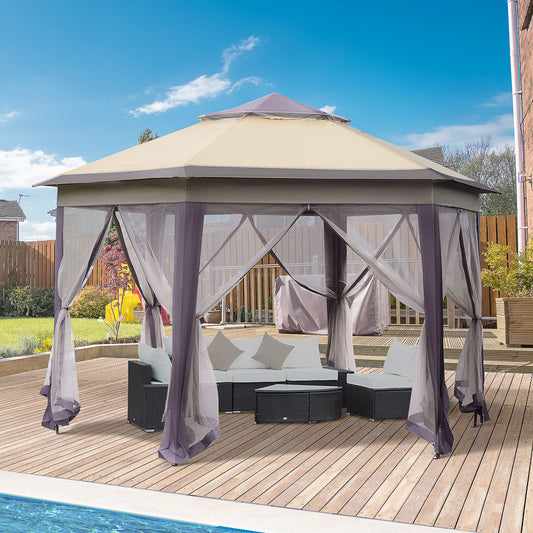 Outsunny Hexagon Patio Gazebo Pop Up Gazebo Outdoor Double Roof Instant Shelter with Netting, 4m x 4m, Beige