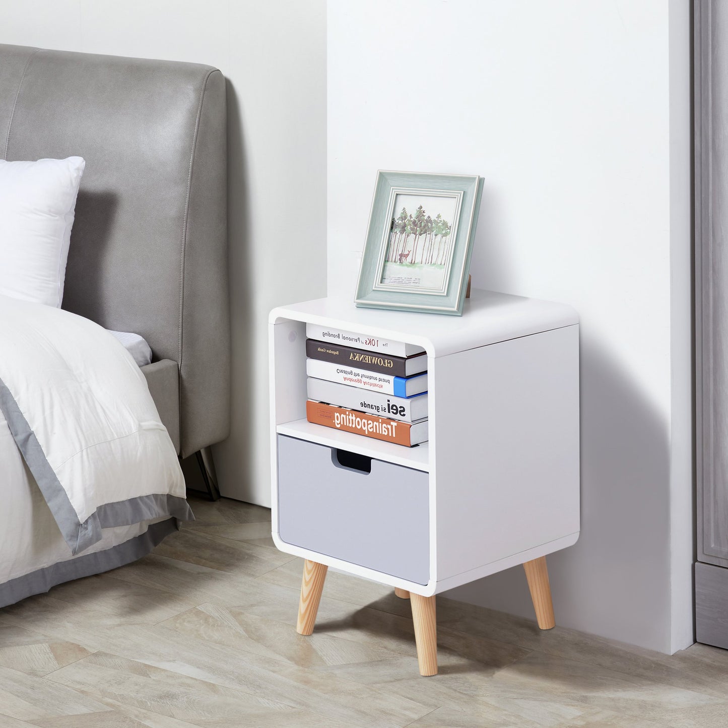 Scandinavian Retro Style Bedside Table, 40Lx38Wx58H cm-White/Grey/Natural Wood Colour