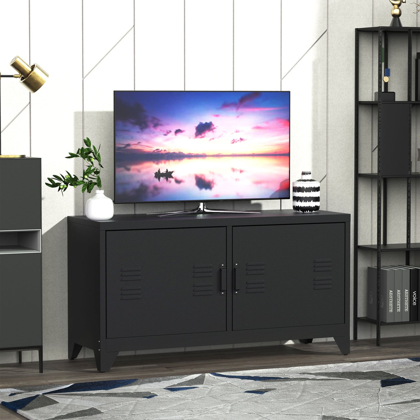Industrial TV Cabinet Stand Media Centre Steel Shelf Doors Storage System DVD Recorder Receiver Unit - Black