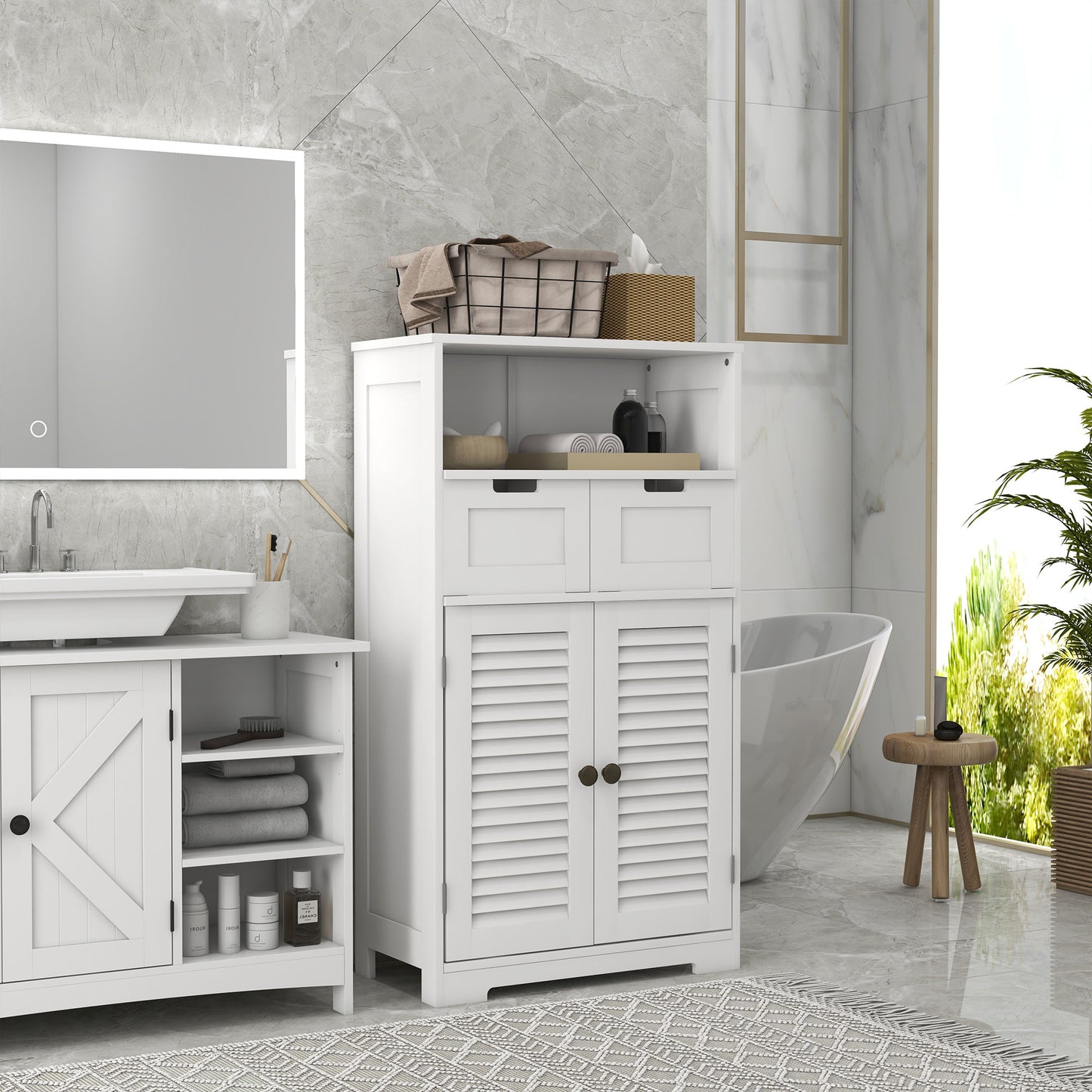Kleankin Bathroom Storage Unit with Louvred Doors, Bathroom Floor Cabinet with Drawers, Open Shelf and Adjustable Shelf