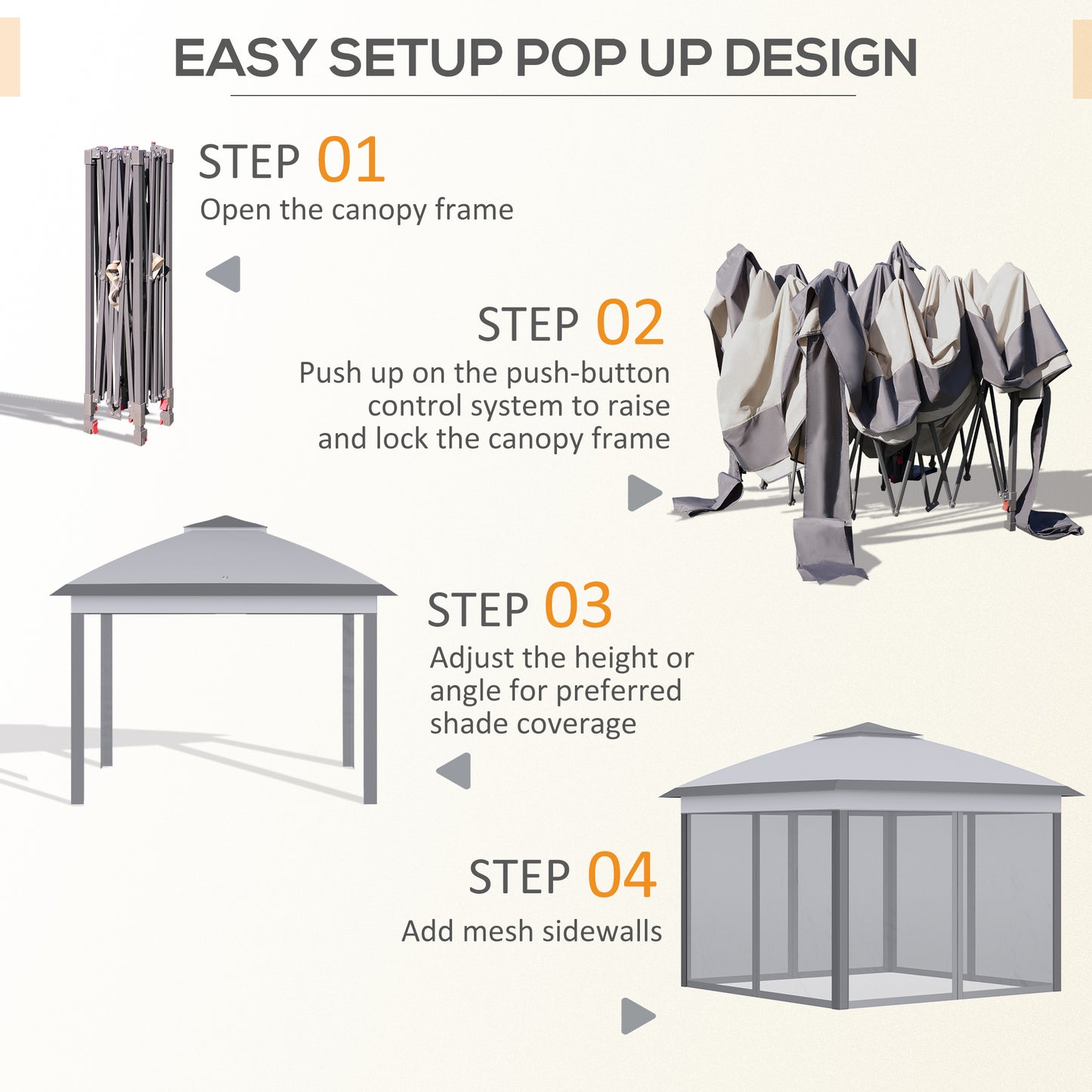 Outsunny 11' x 11' Pop Up Canopy, Double Roof Foldable Canopy Tent with Zippered Mesh Sidewalls, Height Adjustable and Carrying Bag, Event Tent Gray