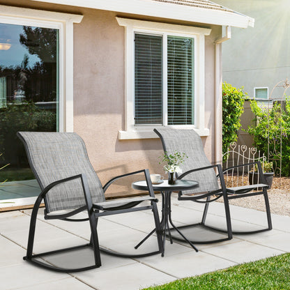 Outsunny 3 Piece Outdoor Patio Bistro Set w/ 2 Rocking Chairs and Tempered Glass Table for Garden, Porch, Poolside, Grey