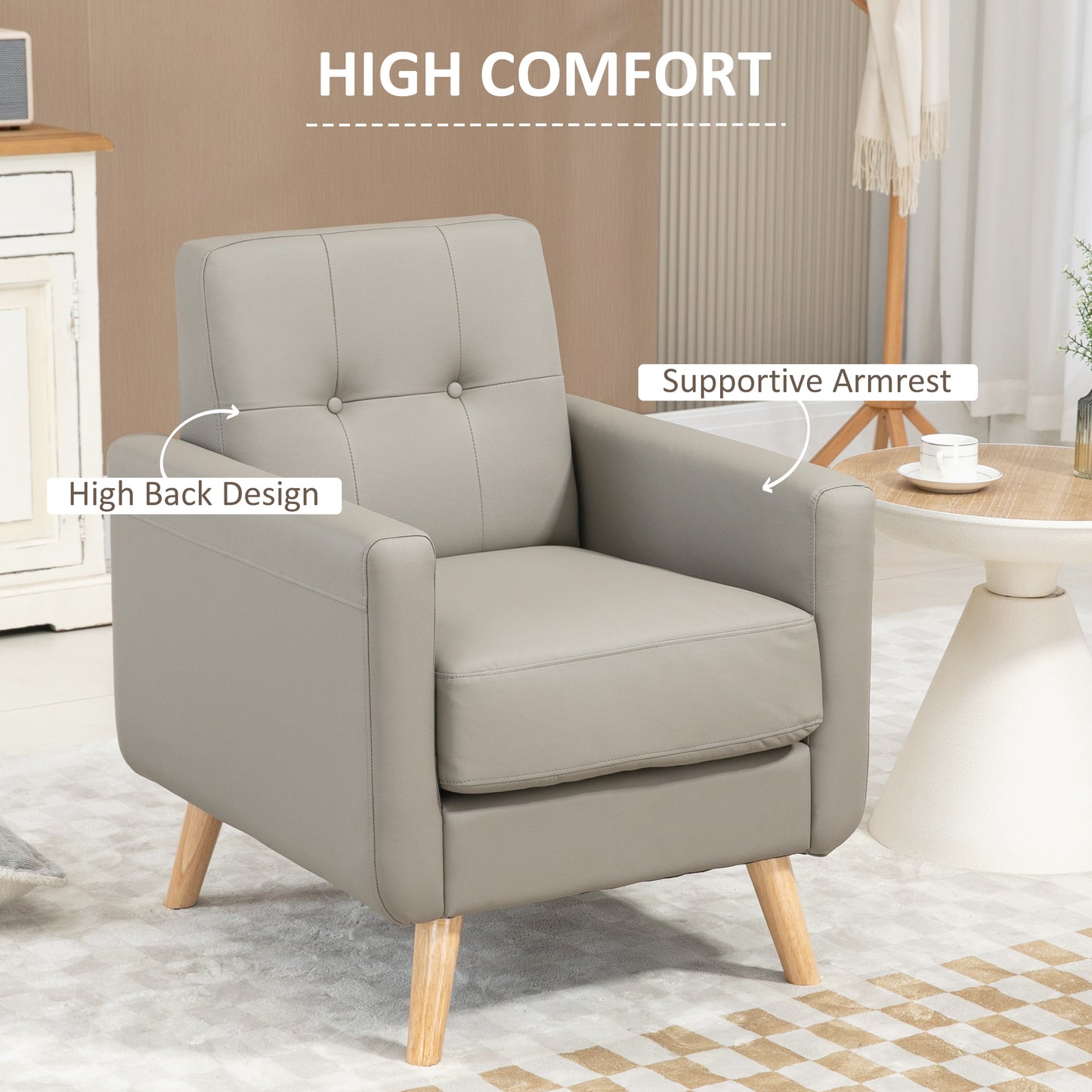 Modern Accent Chair, Tufted Living Room Chairs, PU Leather Armchair for Bedroom, Home Office, Grey