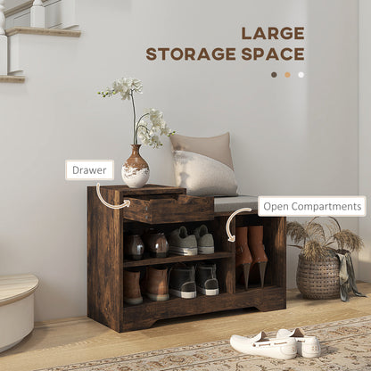 Shoe Storage with Seat, Upholstered Entryway Bench, Shoe Bench with Drawer and 3 Open Shelves for Hallway