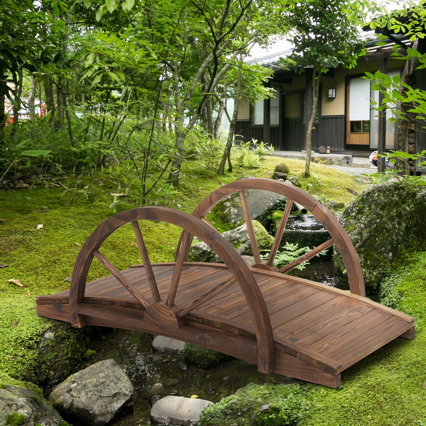 Wooden Garden Bridge Lawn Décor Stained Finish Arc Outdoor Pond WalkwayYard Decoration Half Wheeled Railings 100L x 50W x 37Hcm