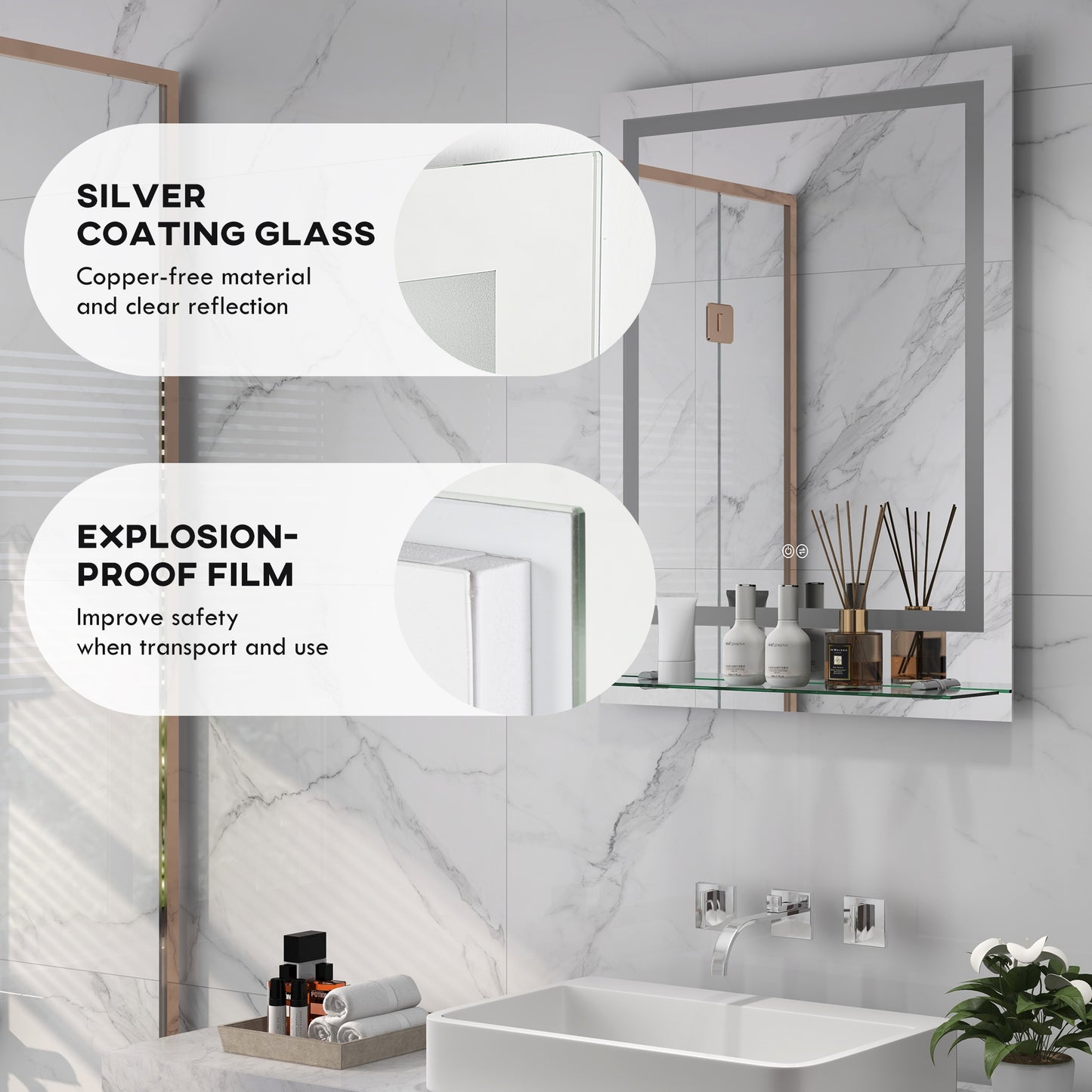 Kleankin LED Bathroom Mirror with Lights and Shelf, Illuminated Makeup Mirror, Vanity Mirror with 3 Colour, Smart Touch, Anti-Fog
