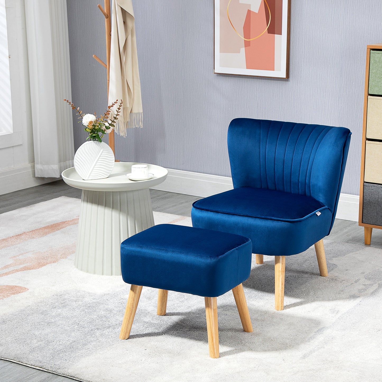 Retro Vintage Style Velvet Accent Chair Occasional Tub Seat Padding Curved Back w/ Ottoman Wood Frame Legs Home Furniture, Dark Blue