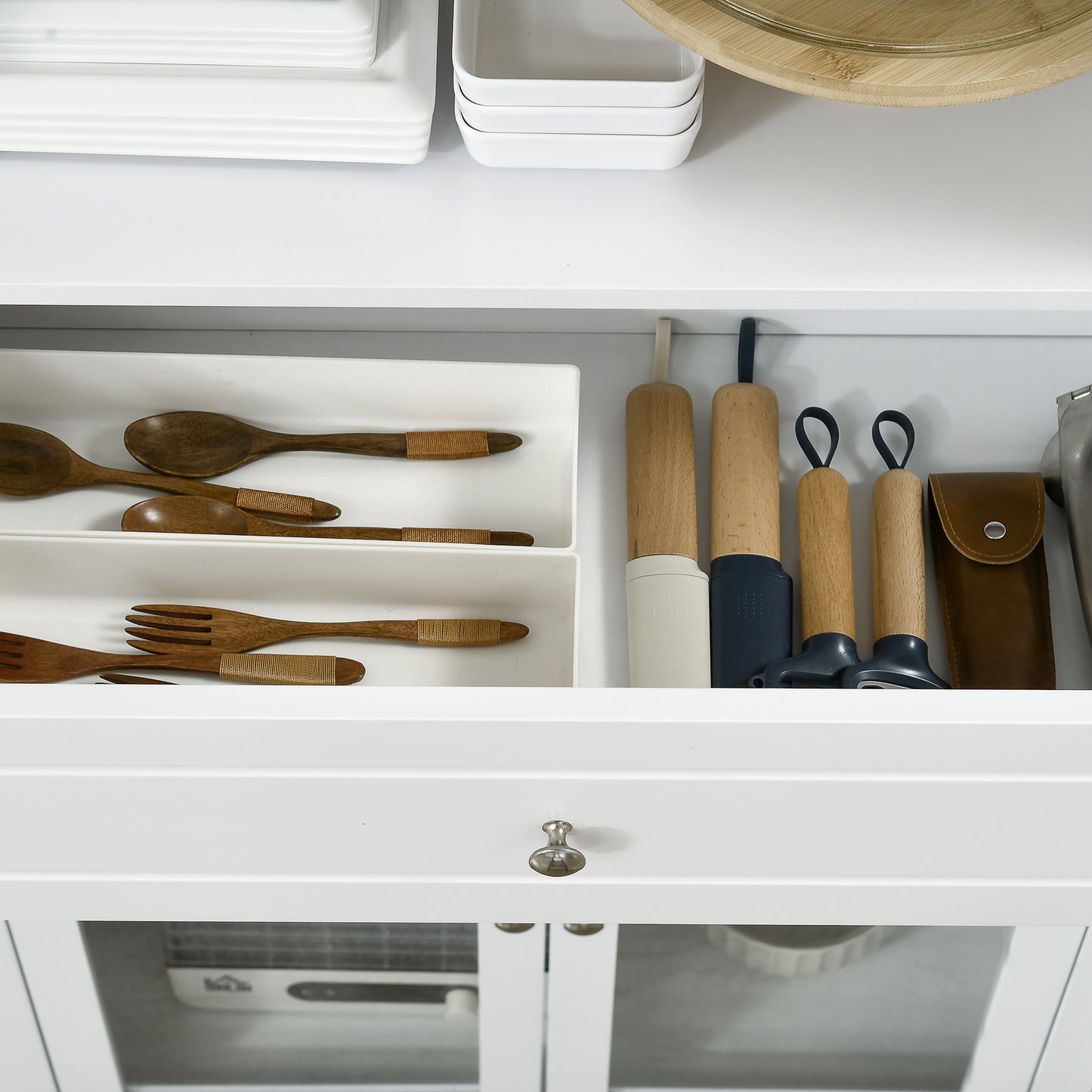 Kitchen Cupboard, Pantry Storage Cabinet w/ Tempered Glass Doors, Drawer, Open Shelf, Adjustable Shelves, 181.5 cm, White