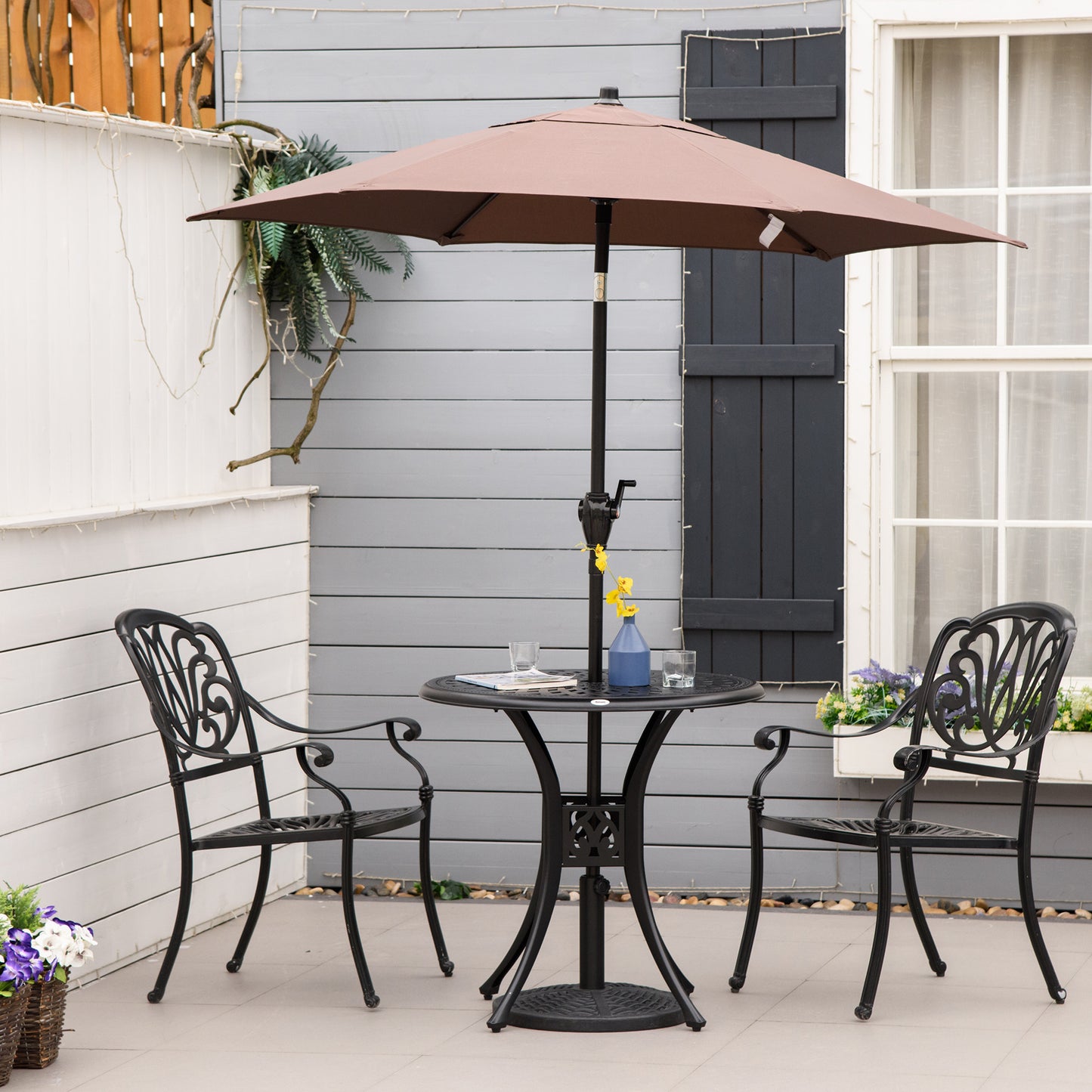 Outsunny 78cm Round Garden Dining Table With Parasol Hole Antique Cast Aluminium Outdoor Table, Black