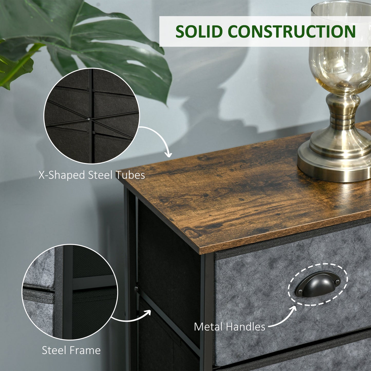 Chest of Drawer Fabric Dresser Storage Cabinet for Bedroom Night Stand with 6 Drawers Steel Frame Handles - Grey and Black