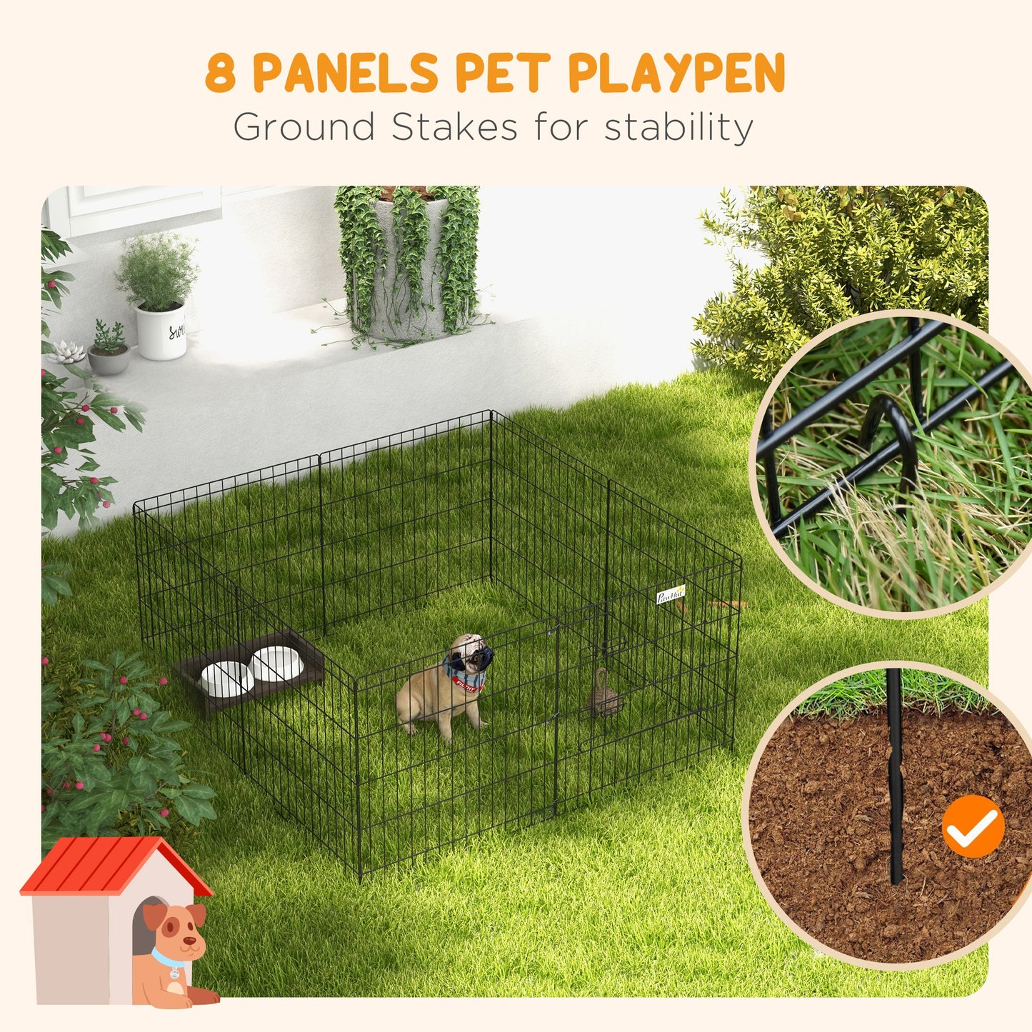 Pet Playpen | 8 Heavy-Duty Steel Panels | Double-Bolt Door | Configurable Shapes | Ground Pegs Included | Indoor & Outdoor | Small Dogs, Rabbits & Small Pets | 61 x 61cm Panels | Black