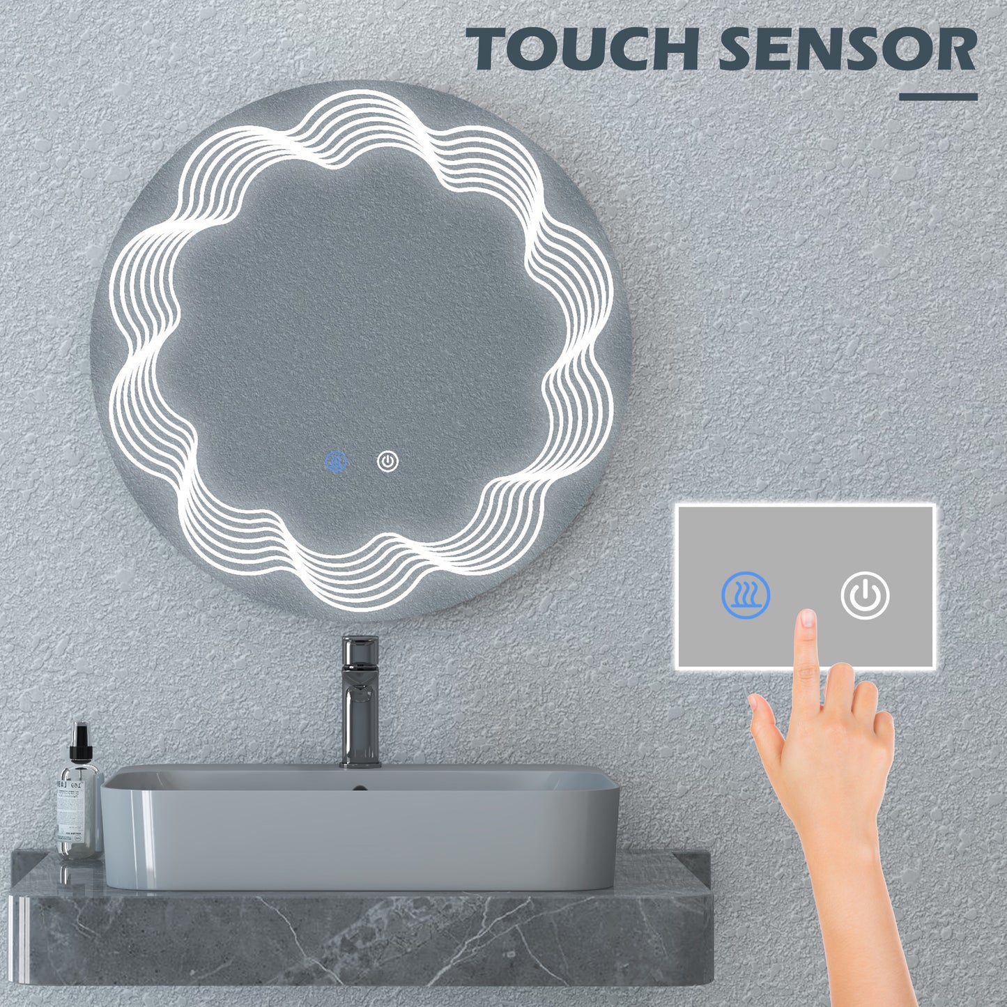 Kleankin Round Illuminated Bathroom Mirrors w/ LED Dimming Lighted , Wall Mounted Vanity Mirror w/ 3 Colour, Smart Touch, Anti-Fog, 60cm