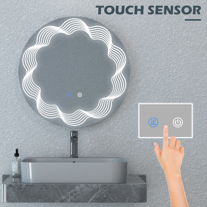 Kleankin Round Illuminated Bathroom Mirrors w/ LED Dimming Lighted , Wall Mounted Vanity Mirror w/ 3 Colour, Smart Touch, Anti-Fog, 60cm