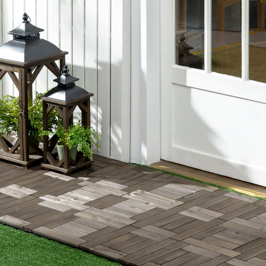 Outsunny 27 Pcs Wooden Interlocking Decking Tiles, 30 x 30 cm Outdoor Flooring Tiles, 2.5㎡ per Pack, for Patio, Balcony Terrace Hot Tub Charcoal Grey