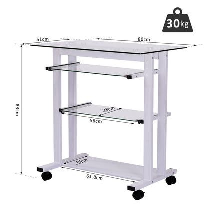 Computer Desk Glass Table Workstation Laptop pc desk mobile with wheels White